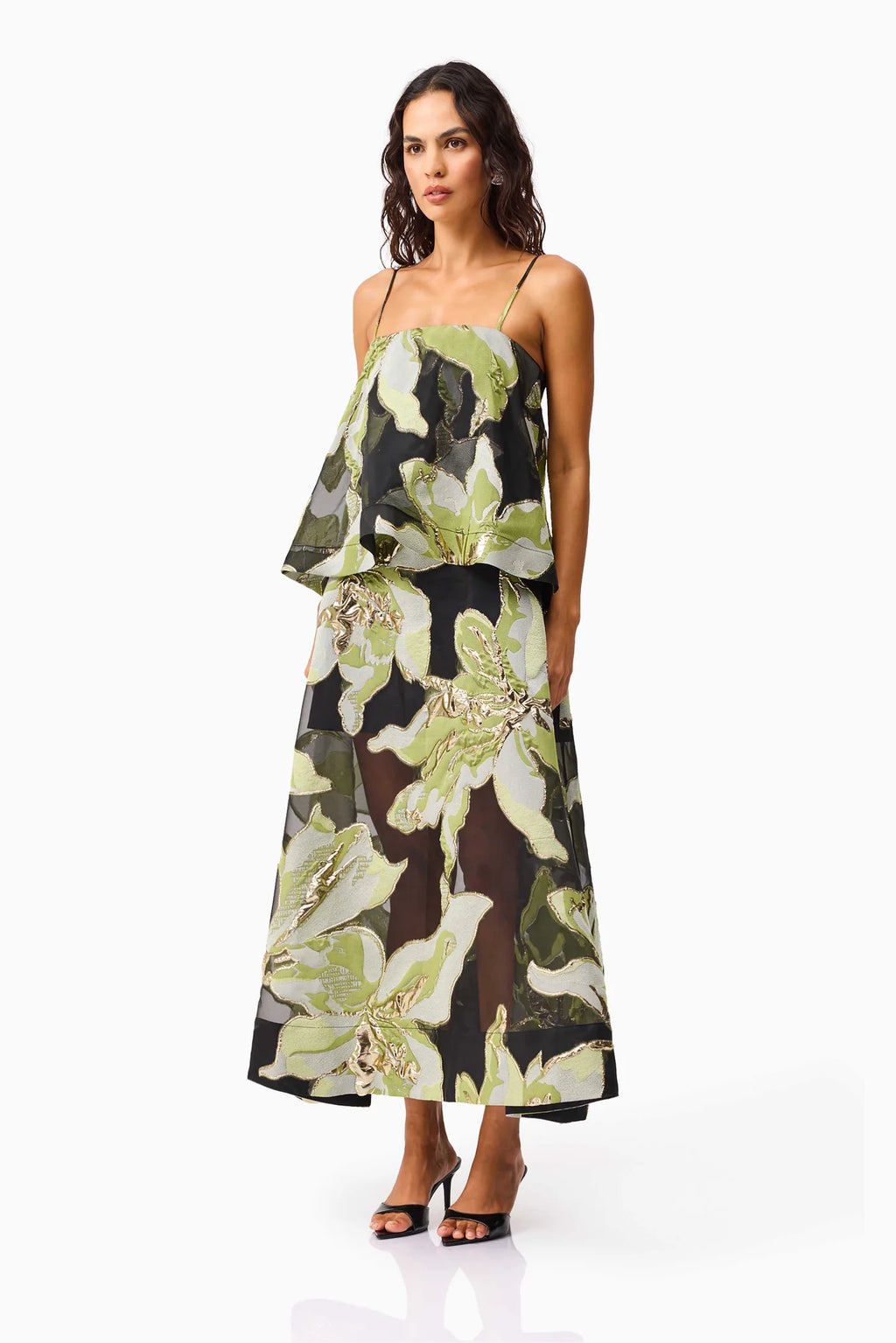 Elliatt Elysia Tiered Gown - Black & Green Floral